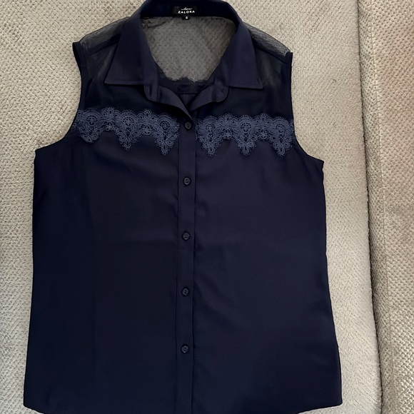 Navy blue collared mesh lace blouse - Picture 1 of 2